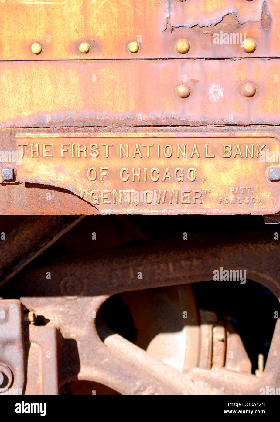 La First National Bank of Chicago plaque sur le côté d'un un vieux wagon de chemin de fer. Banque D'Images
