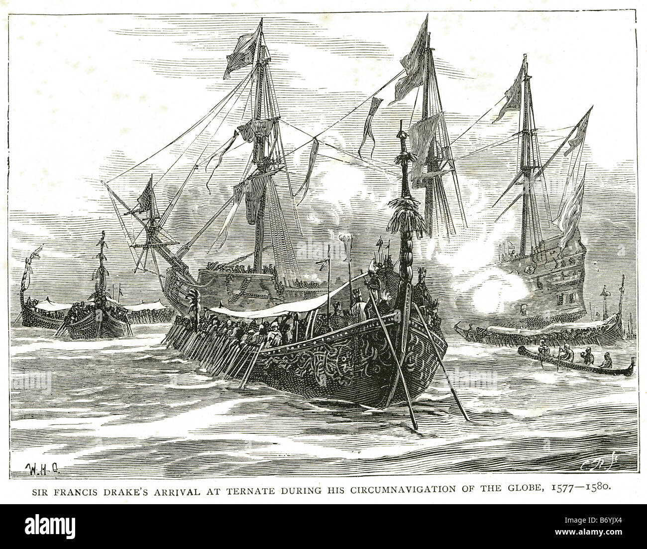 Sir Francis Drake's Arrivée à Ternate durant son tour du monde 1577 1580 Sir Francis Drake, Vice-amiral (ch. 15 Banque D'Images