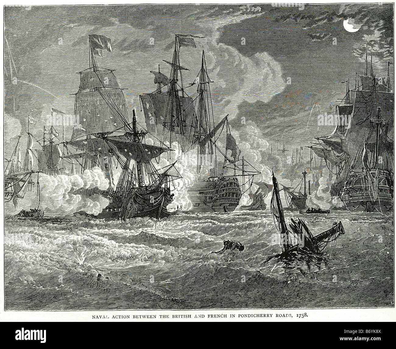 Action navale entre la côte française 1758 Flotte de navires de combat coup de canon à l'eau de mer Voile Voile de fumée blast Faire mar Banque D'Images