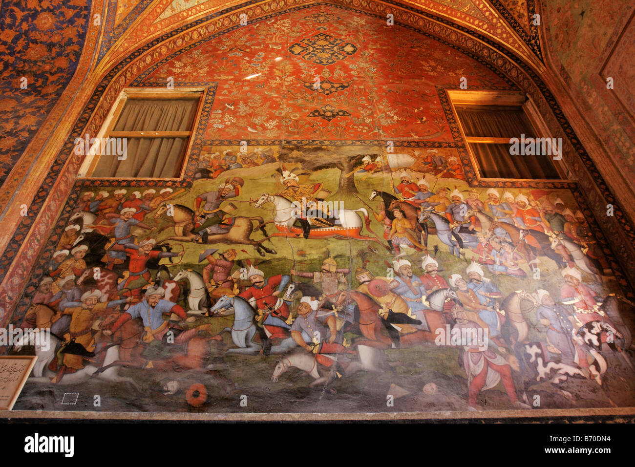 Fresque au palais Chehel Sotoun montrant la bataille entre Shah safavide et Sheibak Esmaeel Khan l'Ouzbek, Isfahan, Iran Banque D'Images