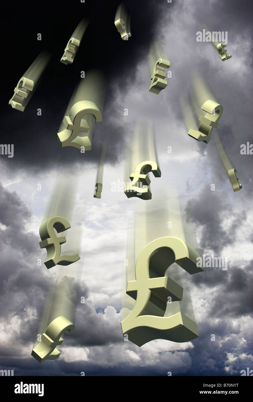 Dévaluation, concept de chute de livre sterling - symboles de chute de livre sterling contre un ciel orageux concepts - composite numérique Banque D'Images