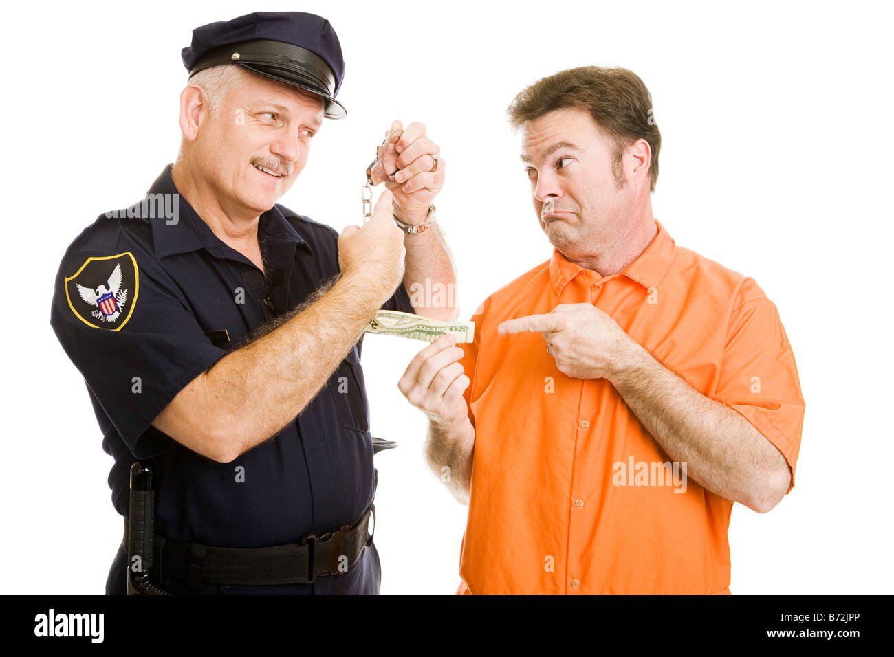Offres prisonnier policier pot-élections refuse et menace handcuffs isolated on white Banque D'Images