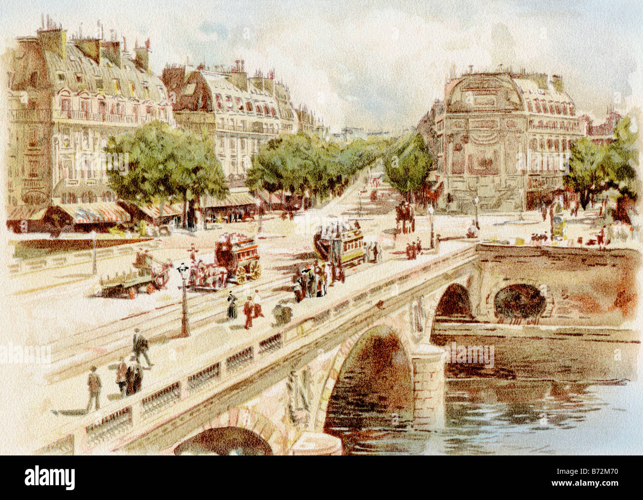Pont sur la Seine Paris 1870. Lithographie couleur Banque D'Images