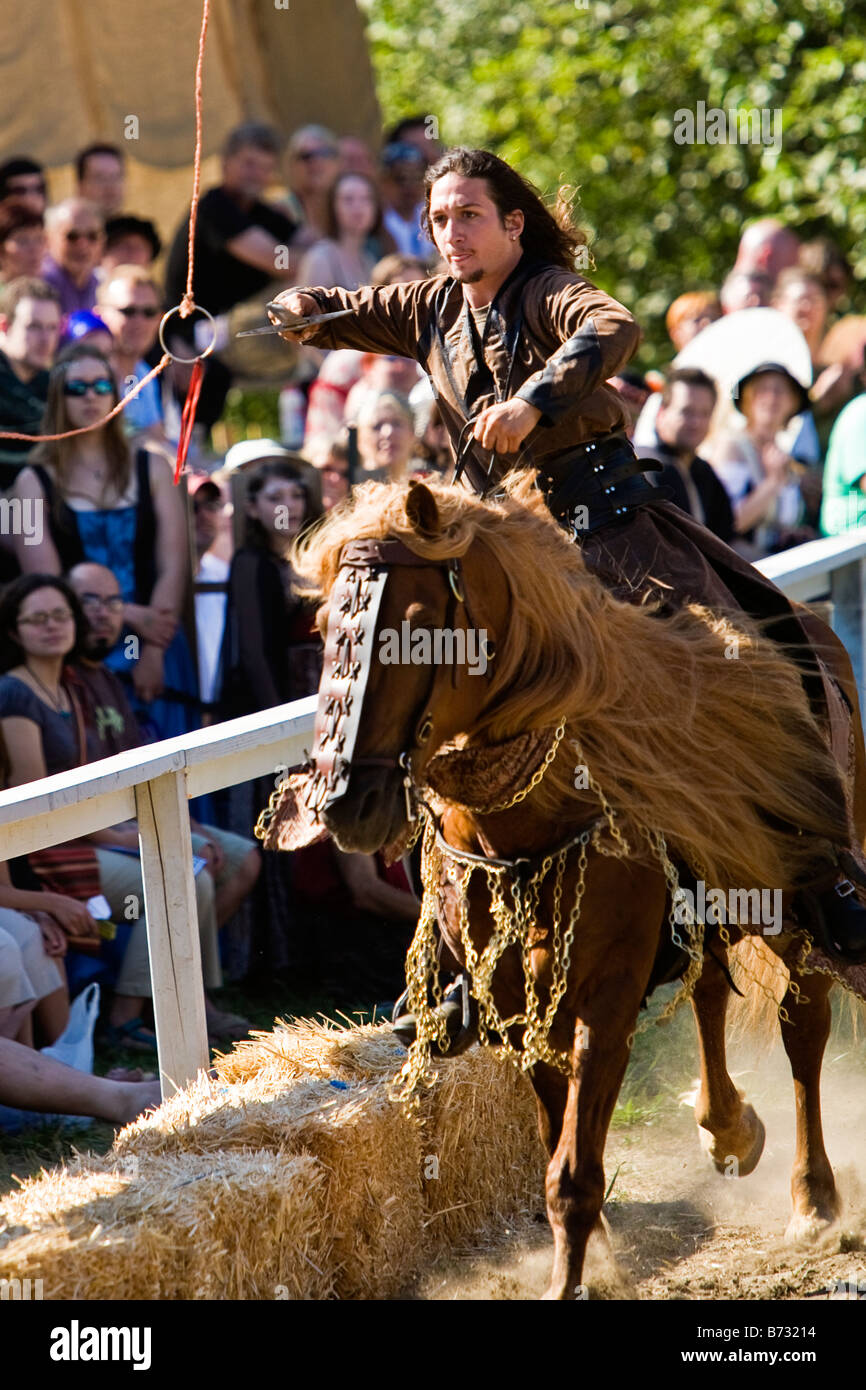 Image de l'homme vêtu de vêtements de style Renaissance à cheval et portant un anneau d'épées dans un événement de joutes Banque D'Images