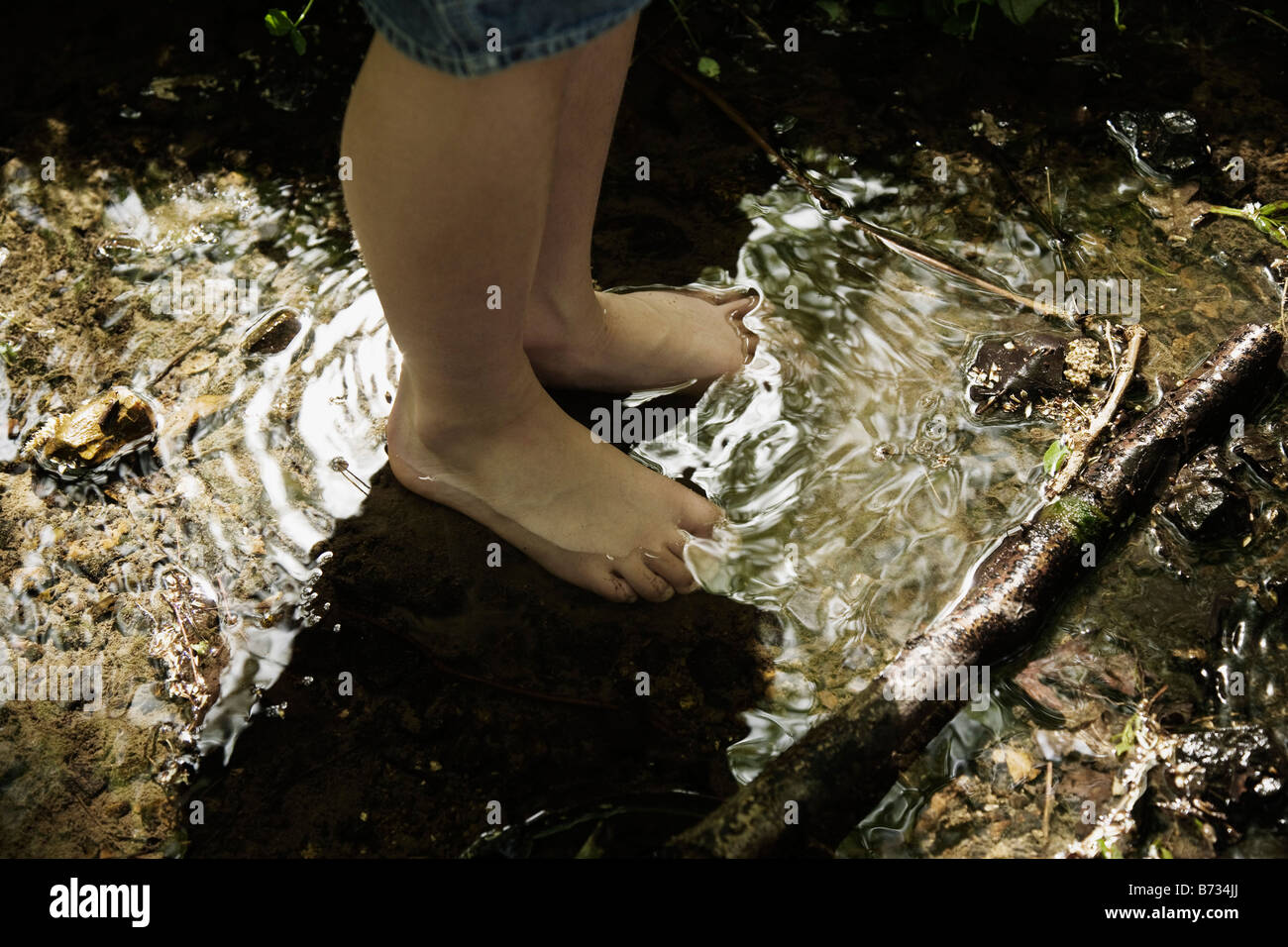 Boy paddling dans un ruisseau dans une forêt sur un jour d'été Banque D'Images