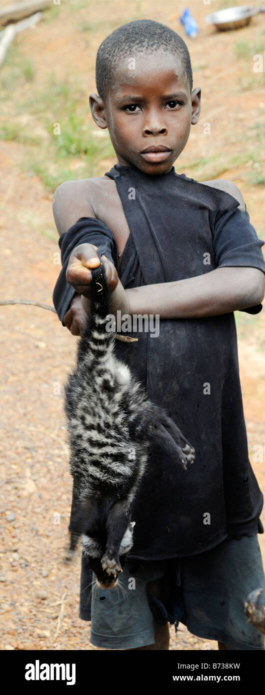 Jeune garçon propose des concerts de civette africaine comme le gibier à la vente sur le bas-côté de la route au Libéria Banque D'Images