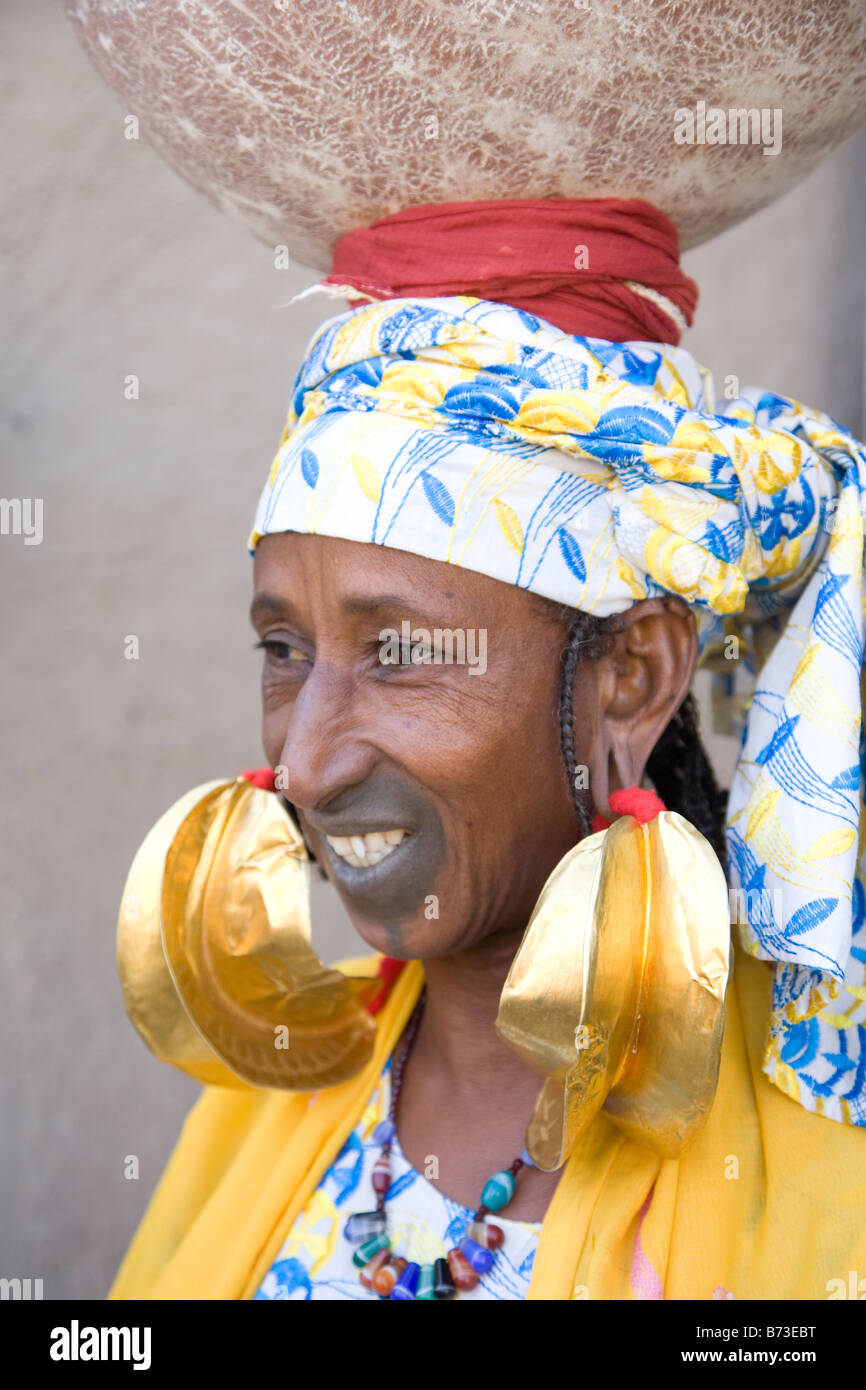 Femme peul avec sa grande richesse d'oreilles en or Banque D'Images