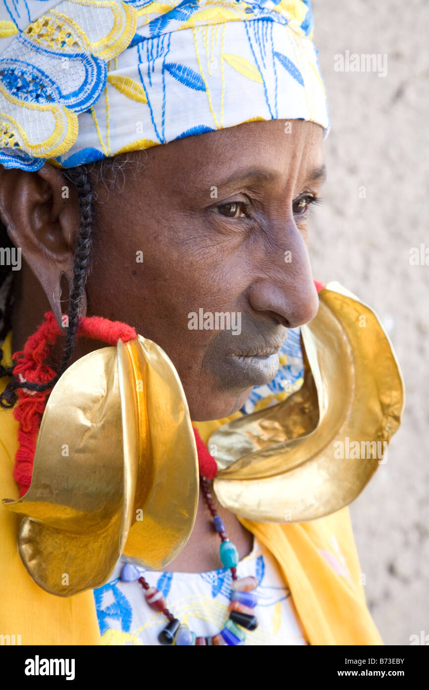 Femme peul avec sa grande richesse d'oreilles en or Banque D'Images
