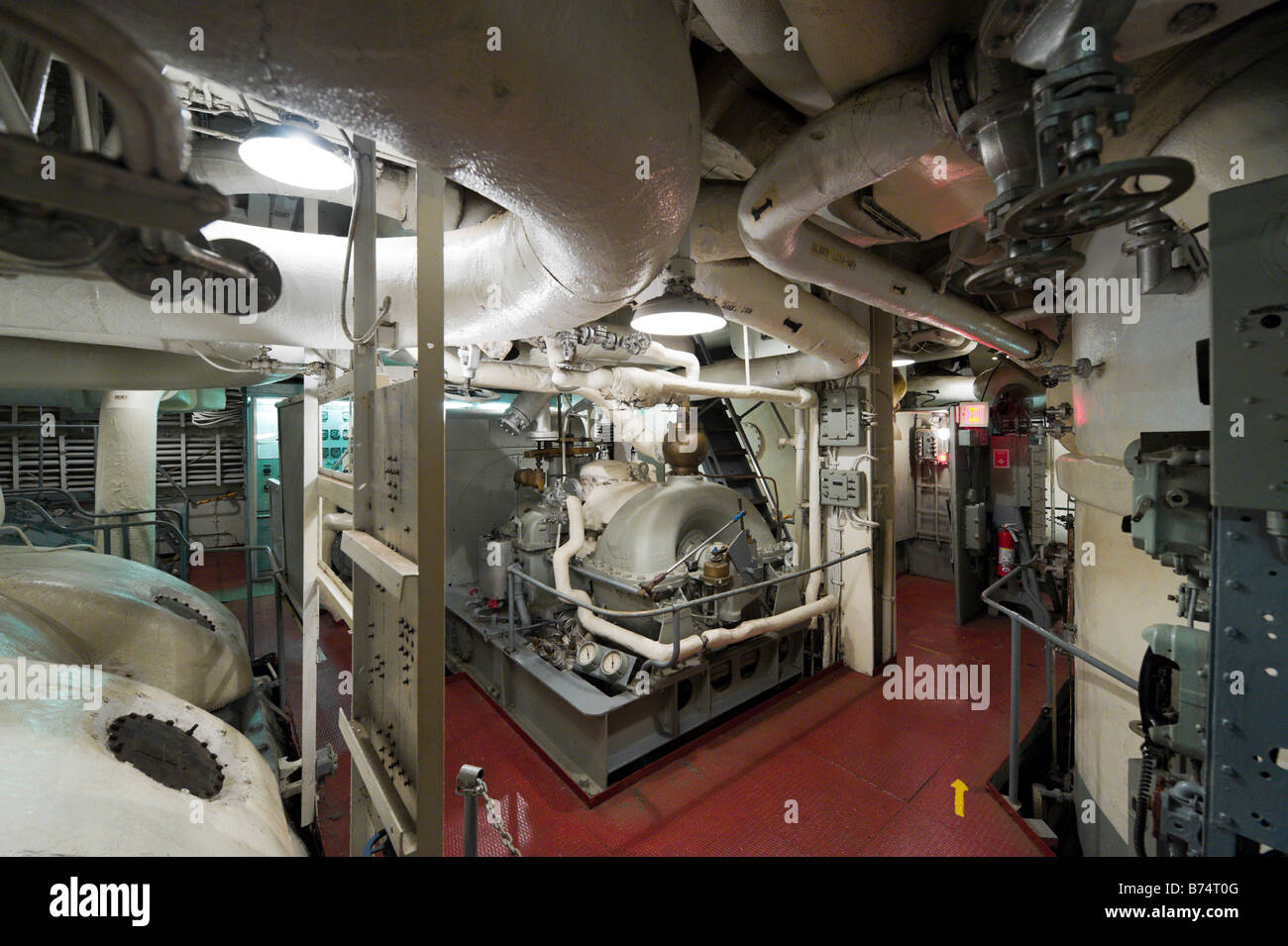 Salle des machines de l'USS Yorktown, porte-avions Patriots Point Naval Museum, port de Charleston, Caroline du Sud Banque D'Images