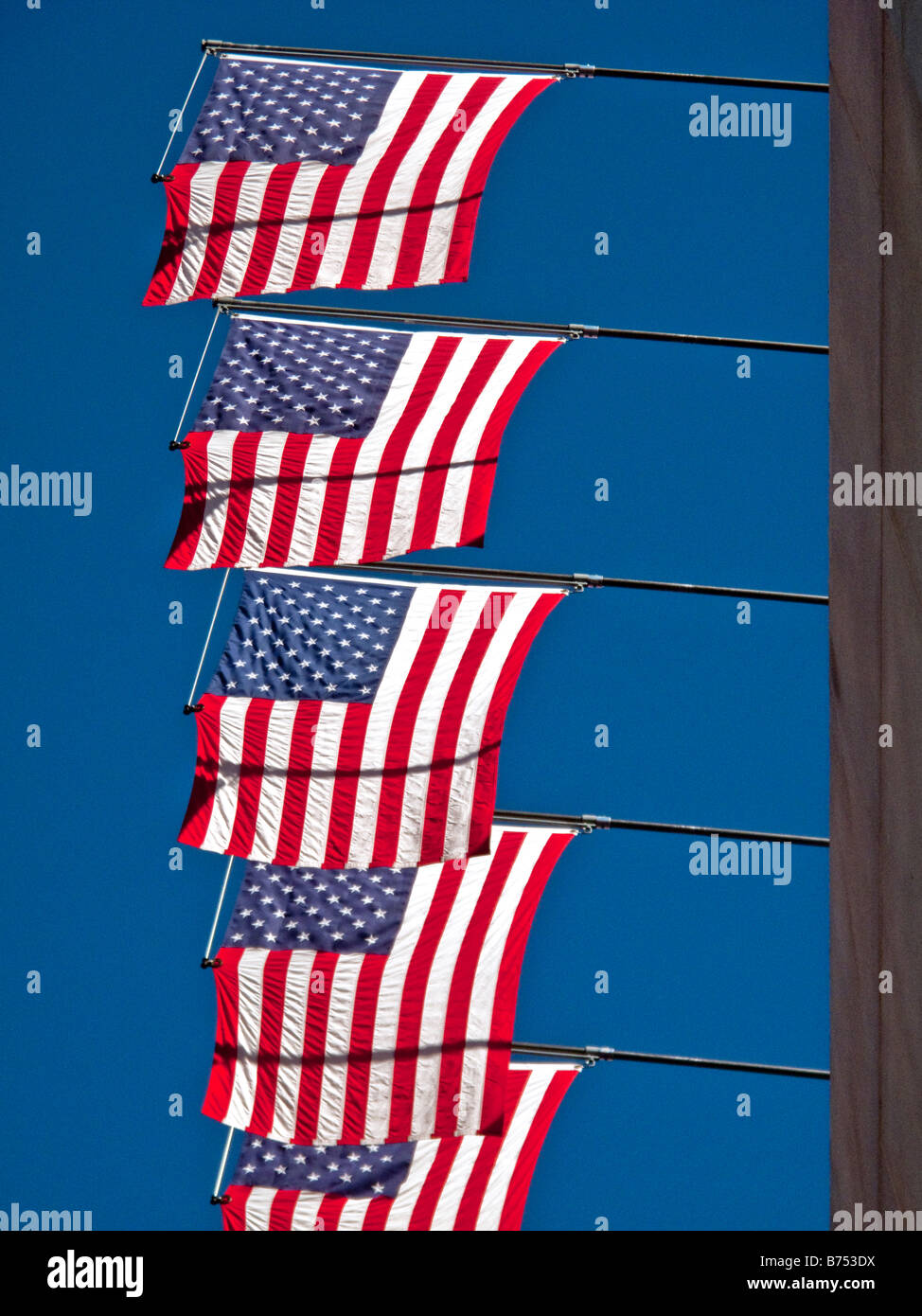 Contre un ciel bleu clair de drapeaux américains dans le soleil à Los Angeles CA Banque D'Images