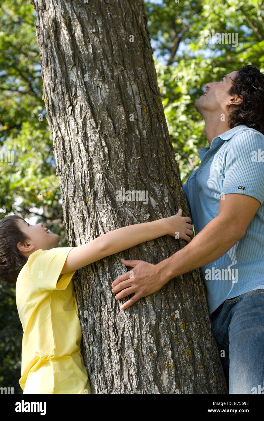 Man and boy tenir tronc d'arbre, à la recherche vers le haut, Winnipeg, Canada Banque D'Images