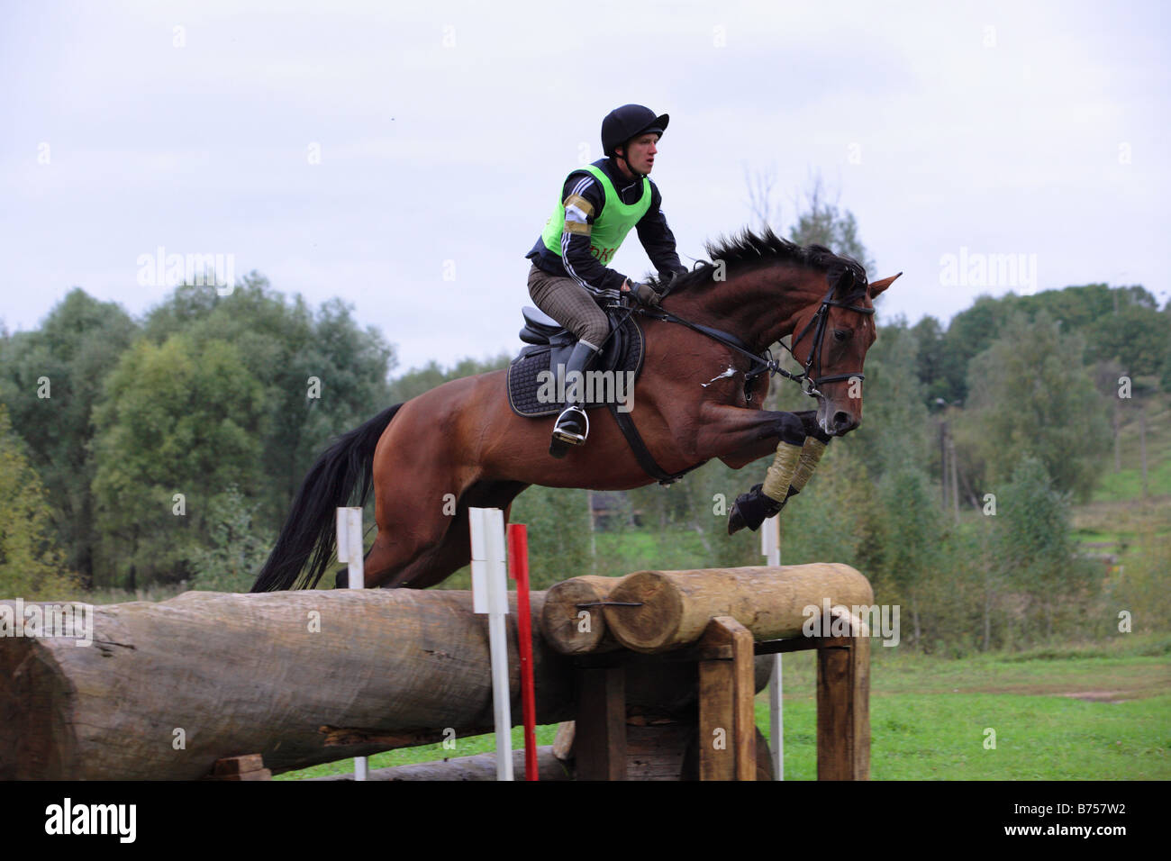 Un cheval pur-sang saut man Banque D'Images