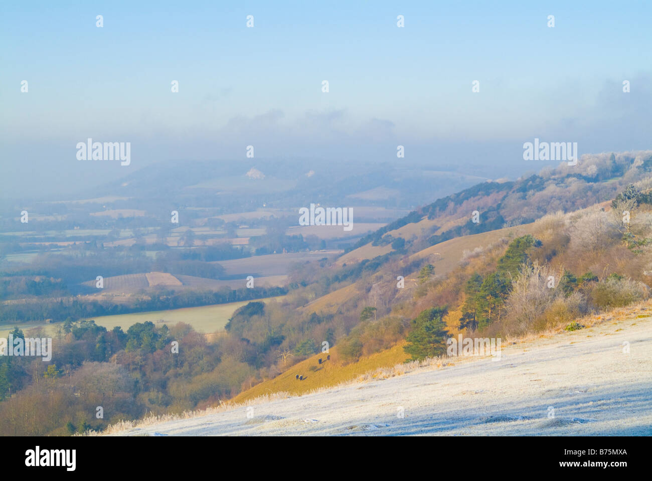 Reigate Hill, le monument à Inglis Colley Hill et l'hiver, au cours d'une forte gelée. Collines du Surrey, en Angleterre. Banque D'Images