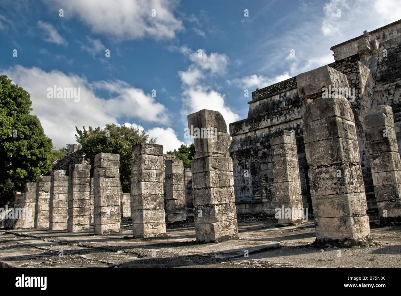 CHICHEN ITZA, Mexique — Templo de los Guerreros (Temple des guerriers) aux ruines mayas antiques de Chichen Itza, Yucatan, Mexique. Chichen Itza, situé sur la péninsule du Yucatan au Mexique, est un site archéologique important mettant en valeur la riche histoire et les connaissances scientifiques avancées de l'ancienne civilisation maya. Elle est surtout connue pour la Pyramide Kukulkan, ou « El Castillo », une structure à quatre côtés avec 91 marches de chaque côté, culminant en une seule marche au sommet pour représenter les 365 jours de l'année solaire. Banque D'Images