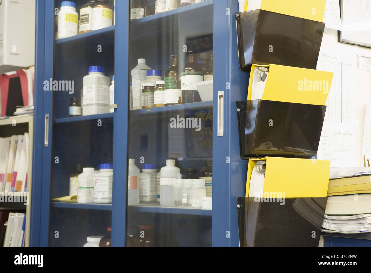 Armoire de stockage de produits chimiques avec des liants FS dans un laboratoire Banque D'Images