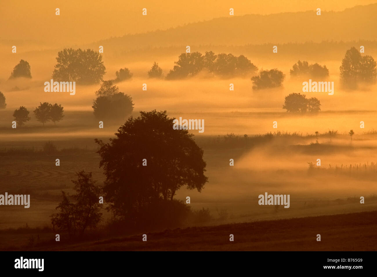 Ciel rouge le matin misty scenery moyenne-franconie bavaria Allemagne Europe brouillard brouillard brouillard Banque D'Images