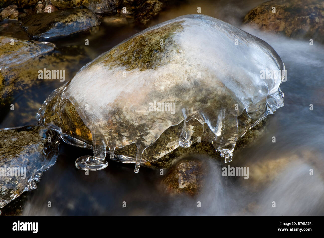 La glace a formé sur des pierres dans un ruisseau de montagne avec de l'eau se précipiter passé Banque D'Images