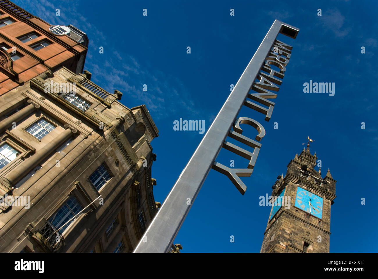 Signe marquant l'entrée du Merchant City à Glasgow, Écosse, Royaume-Uni, Europe. Banque D'Images