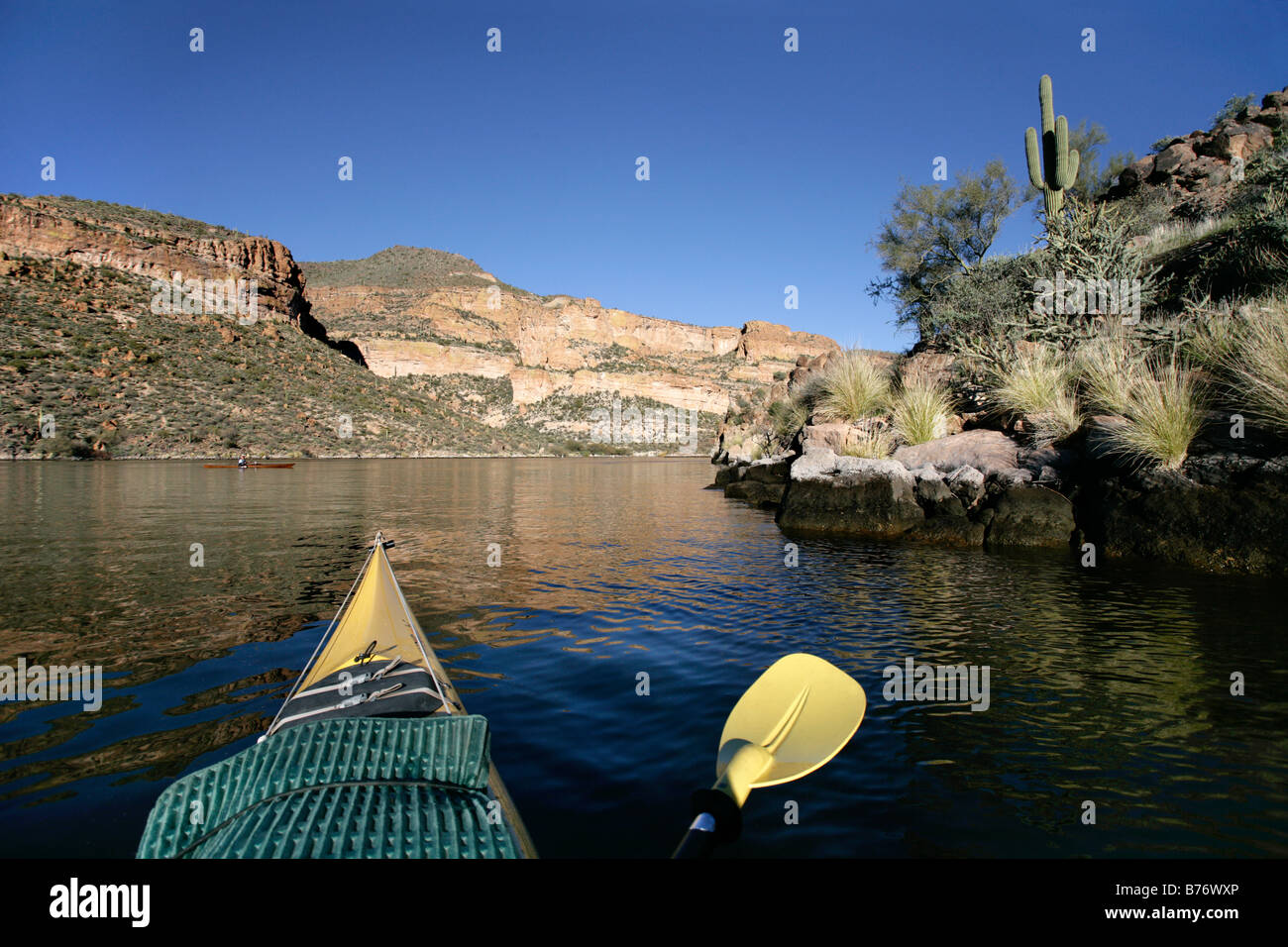 2 kayaks camping du lac dans un désert de l'Arizona avec des saguaros et montagnes en arrière-plan Canyon Lake a été formé lorsque le sel Banque D'Images