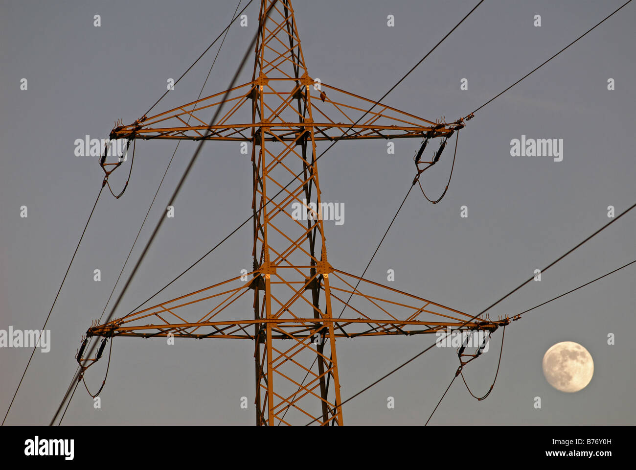 Pylône de l'électricité à haute tension avec la pleine lune se levant, Leichlingen, Rhénanie du Nord-Westphalie, Allemagne. Banque D'Images Pylône de l'électricité à haute tension avec la pleine lune se levant, Leichlingen, Rhénanie du Nord-Westphalie, Allemagne. Banque D'Images