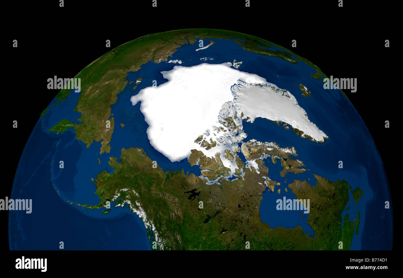 Cette image représente le minimum de la glace de mer le 21 septembre 2005. Banque D'Images
