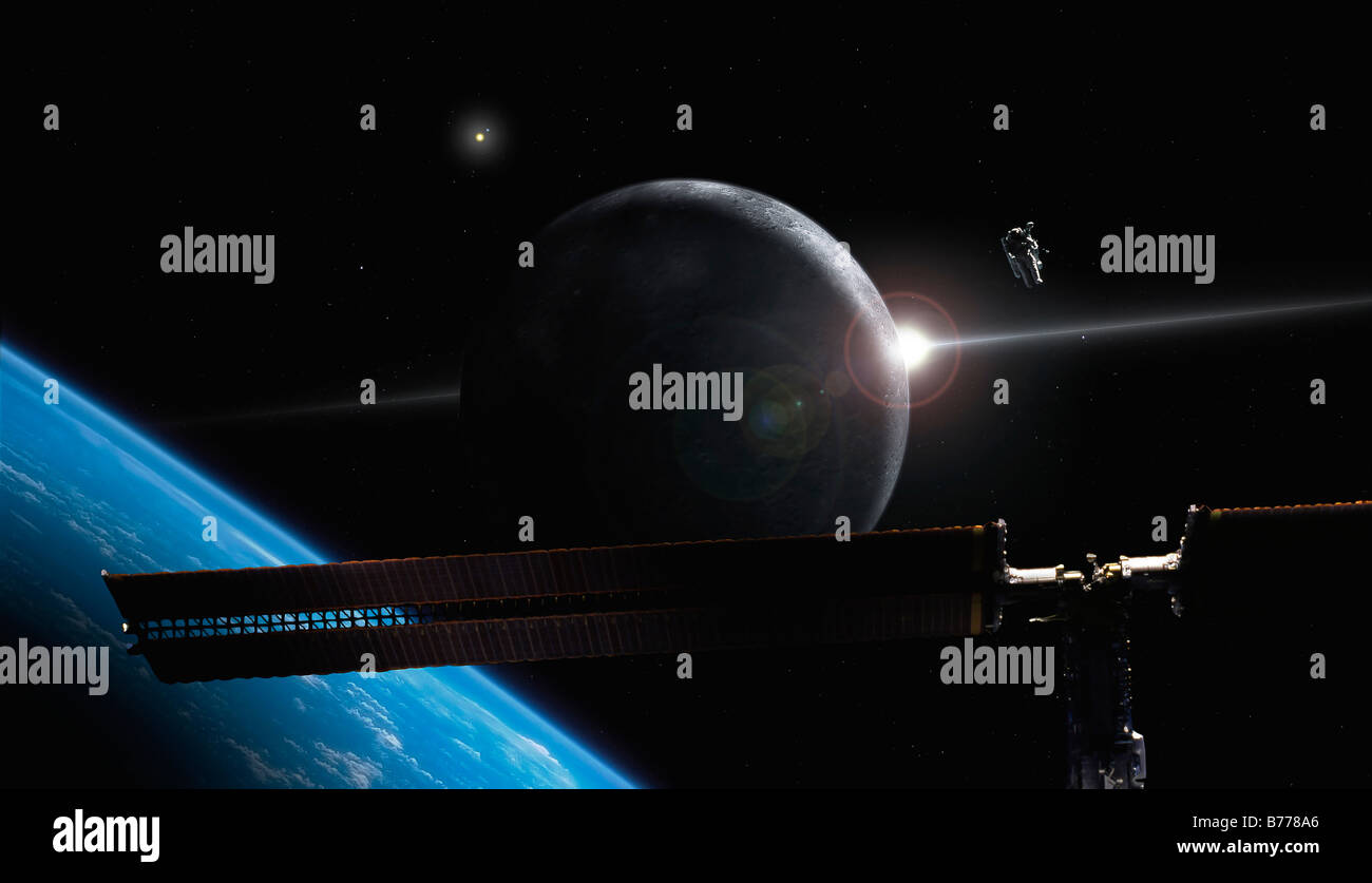 Concept illustration futuriste illustrant astronaute dans l'orbite sur planète terre-like avec système de station spatiale. Banque D'Images