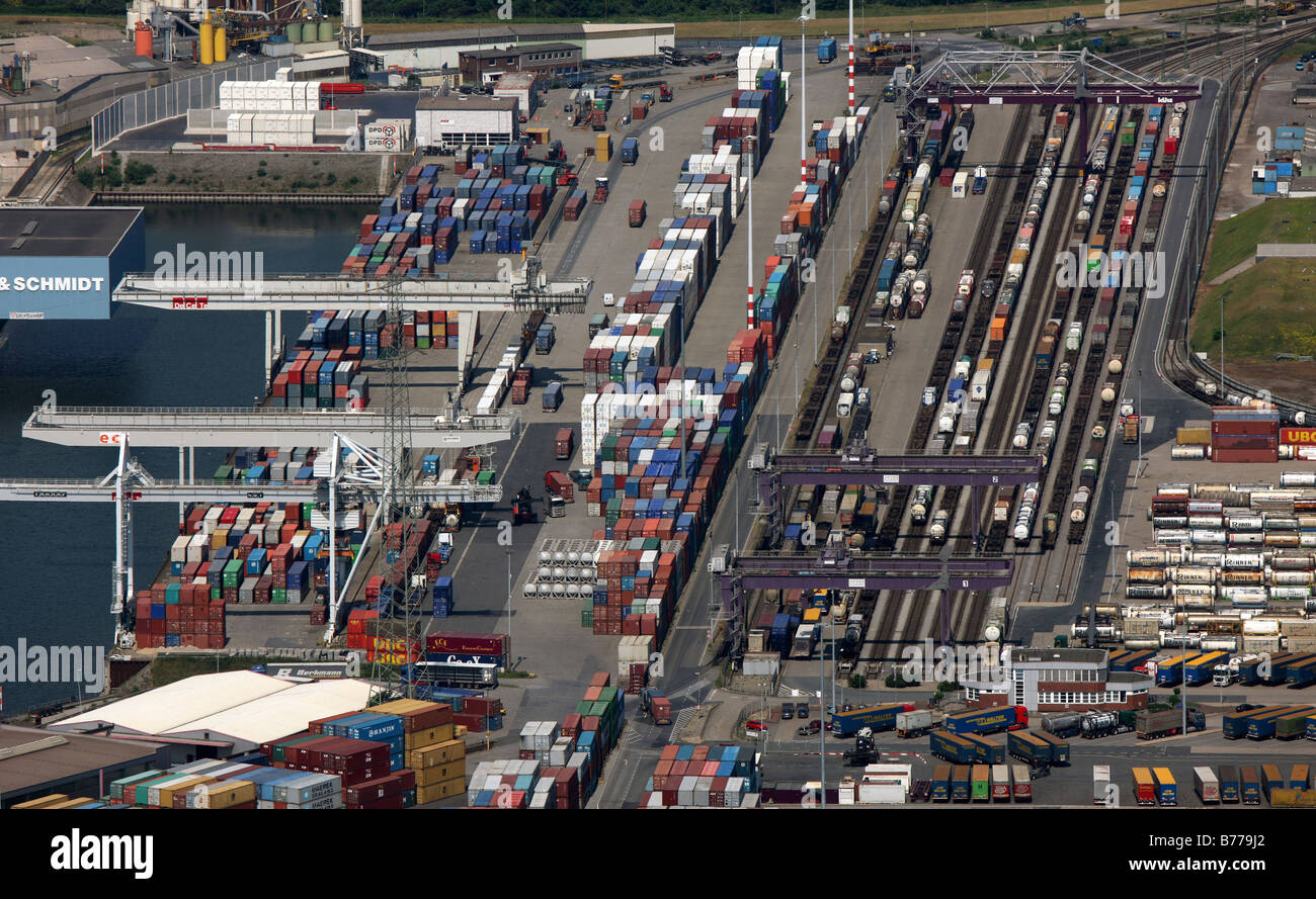 Photo aérienne, conteneurs, DuisPort, port intérieur, district de Ruhrort, Duisburg, Germany, Europe Banque D'Images