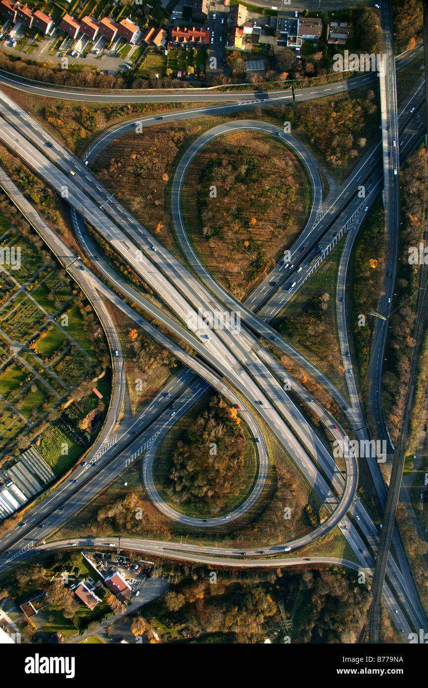 Vue aérienne, l'Herne A43 et A42, l'autoroute, Boernig, Herne, Ruhr, Rhénanie du Nord-Westphalie, Allemagne, Union européenne Banque D'Images