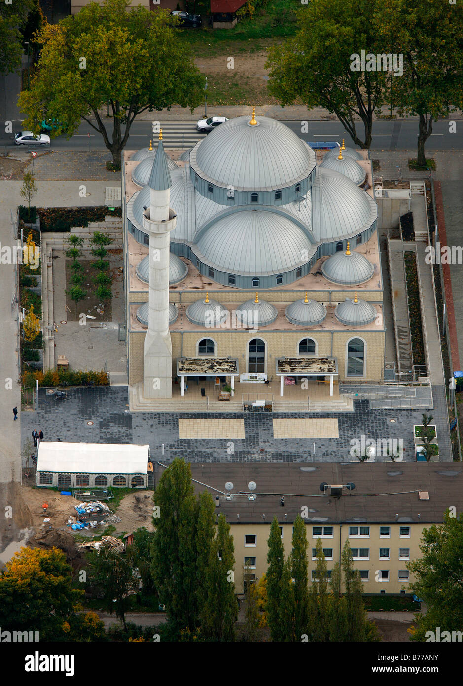Photographie aérienne, la Mosquée Merkez, nouveau bâtiment, Duisburg-Marxloh, Ruhr, Nordrhein-Westfalen, Germany, Europe Banque D'Images