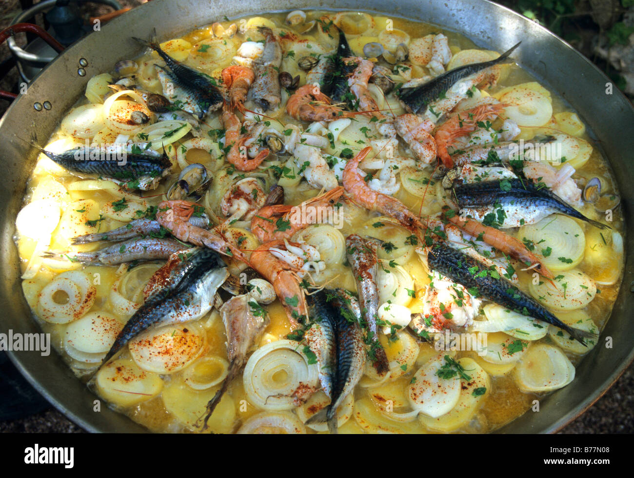 Salière de peix, Communauté Valencienne-pomme de terre paëlla au poisson et fruits de mer, Valencia, Espagne, Europe Banque D'Images