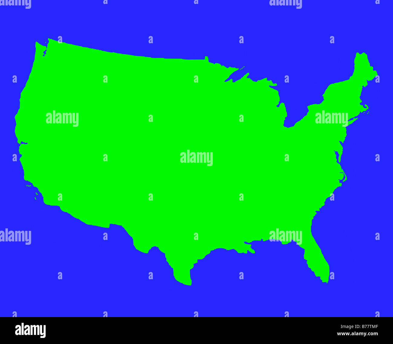 Etats-unis d'Amérique carte contour en vert isolé sur fond bleu Banque D'Images