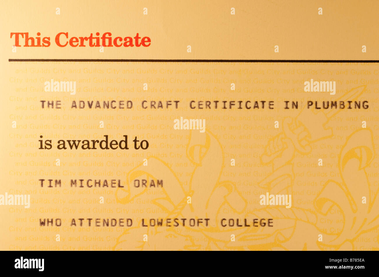 Le certificat d'artisanat avancés en plomberie publié par City and Guilds of London Institute pour la réussite aux examens d'être un plombier Banque D'Images