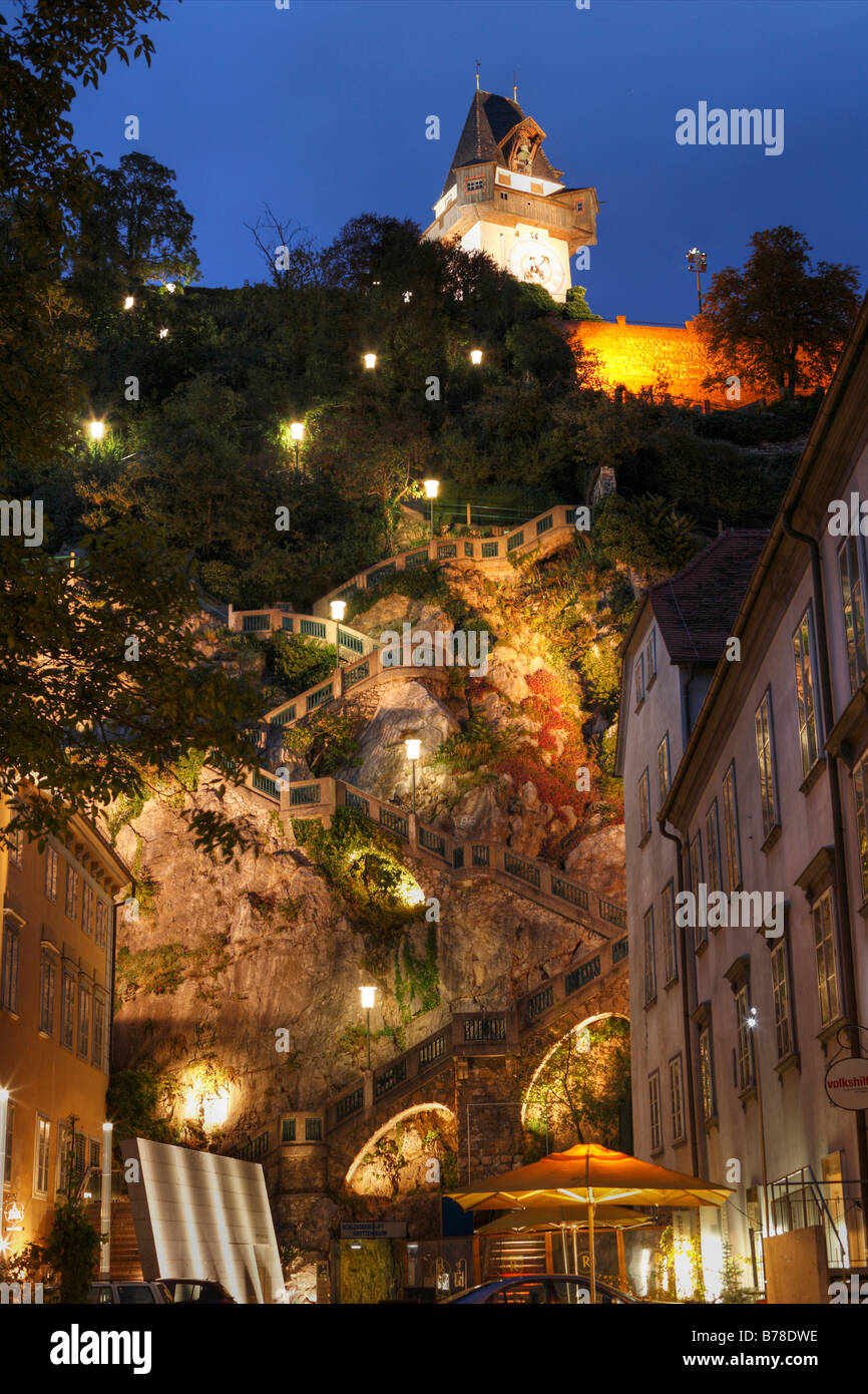 Tour de l'horloge, Schlossberg, Castle Mountain escalier, Graz, Styria, Austria, Europe Banque D'Images