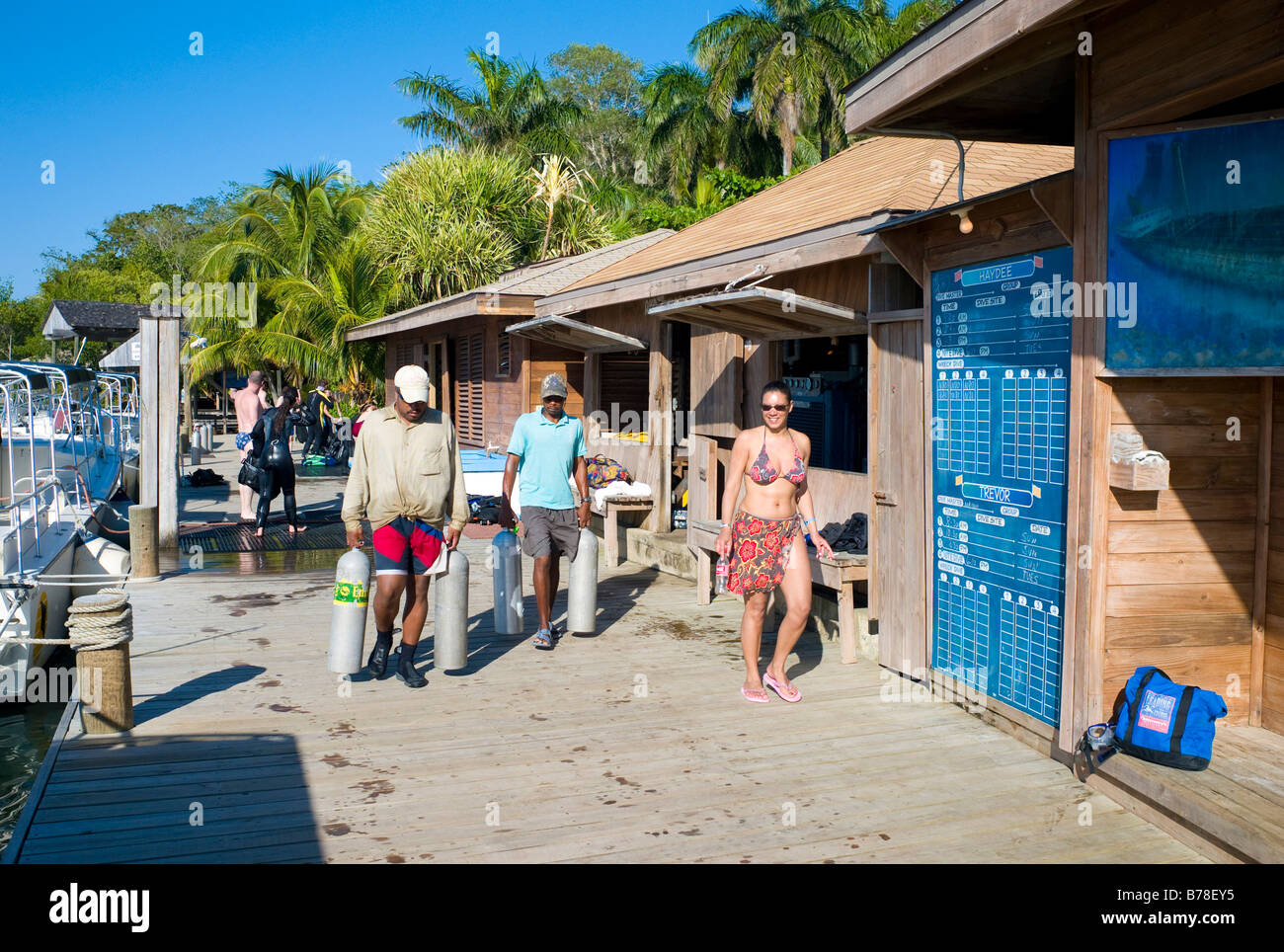 Les enseignants de plongée transportant les bouteilles d'oxygène pour le compresseur, école de plongée, Hotel Anthony's Key Resort, Roatan, Honduras, Cen Banque D'Images