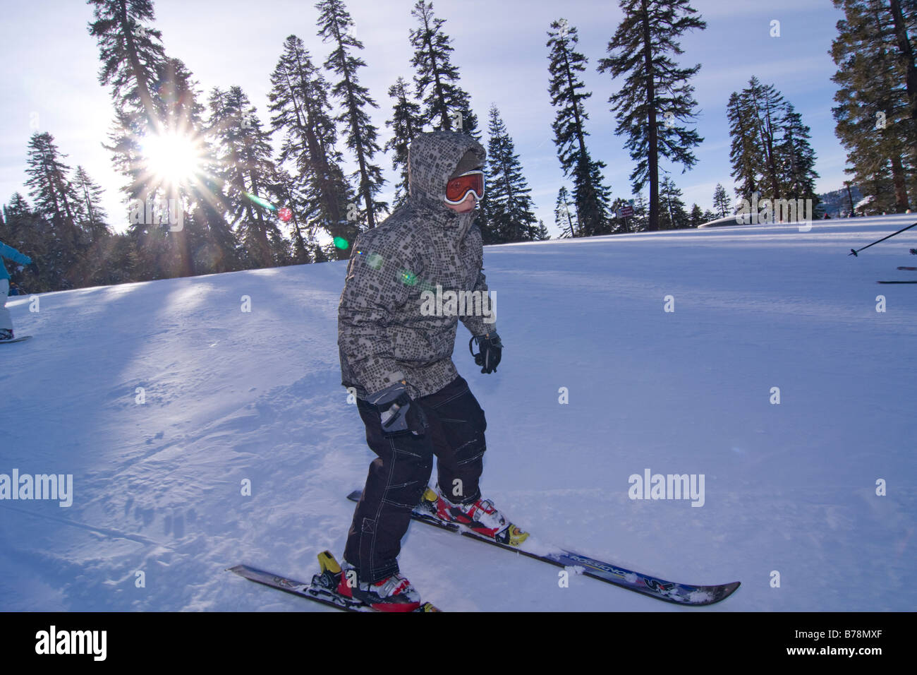 Un garçon ski à Sierra à Tahoe ski resort, près du lac Tahoe en Californie Banque D'Images