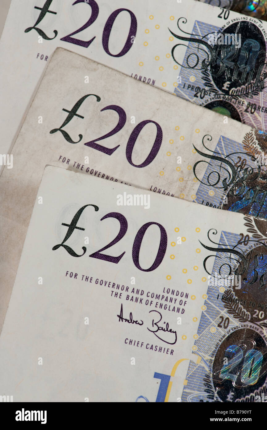 UK Royaume-Uni £20 billets de banque de 20 livres sterling en espèces d'argent devise quid factures english british chiques de Grande-Bretagne Banque D'Images