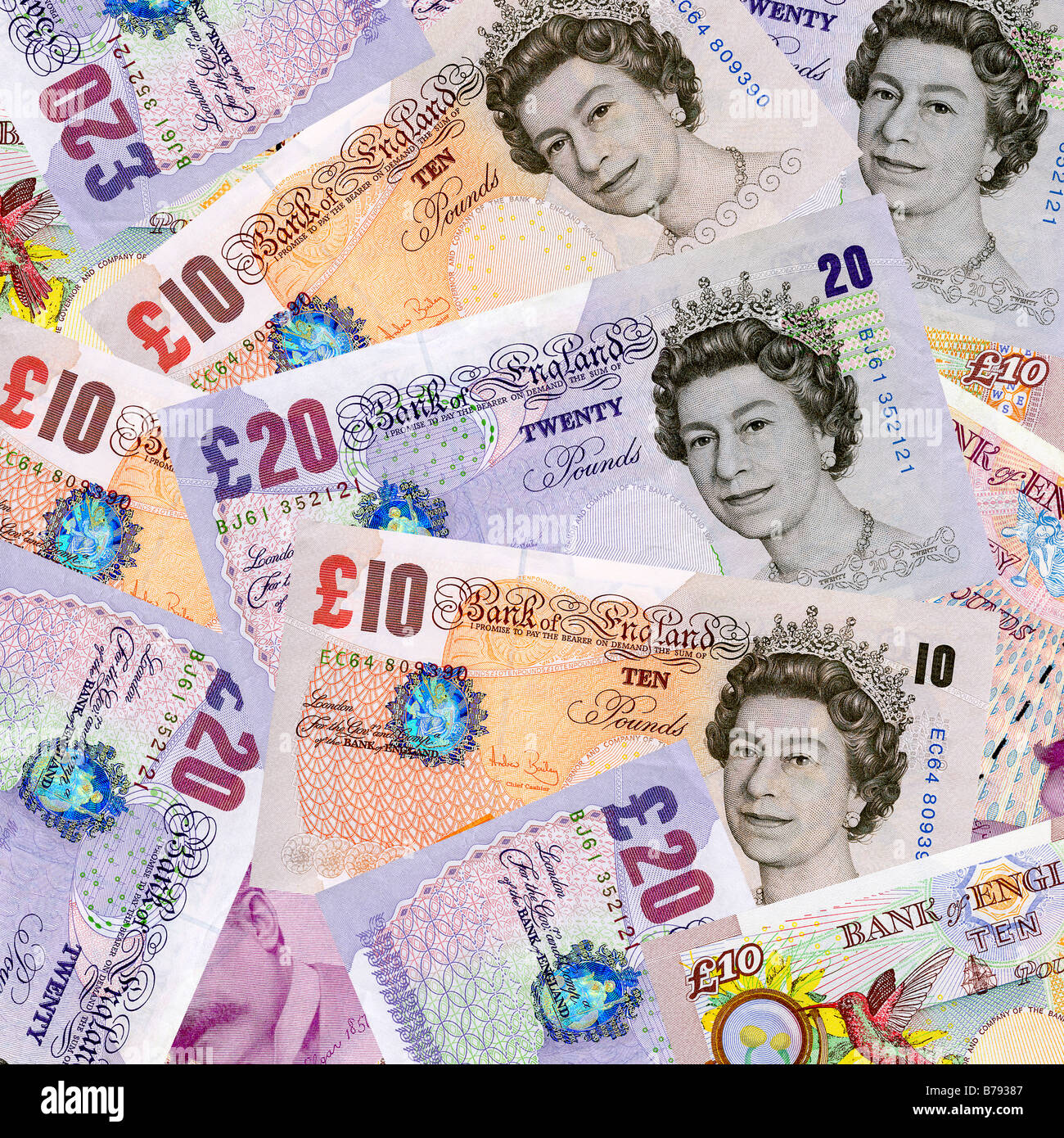 L'argent - 10 et 20 livres sterling currency notes vue aérienne - ancien modèle 20 pound note Banque D'Images