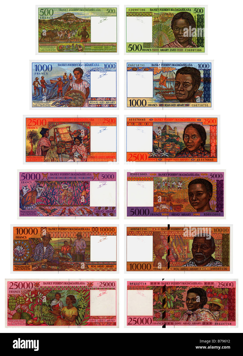 Ensemble de tous les billets en franc Malagasy, avant et arrière Banque D'Images