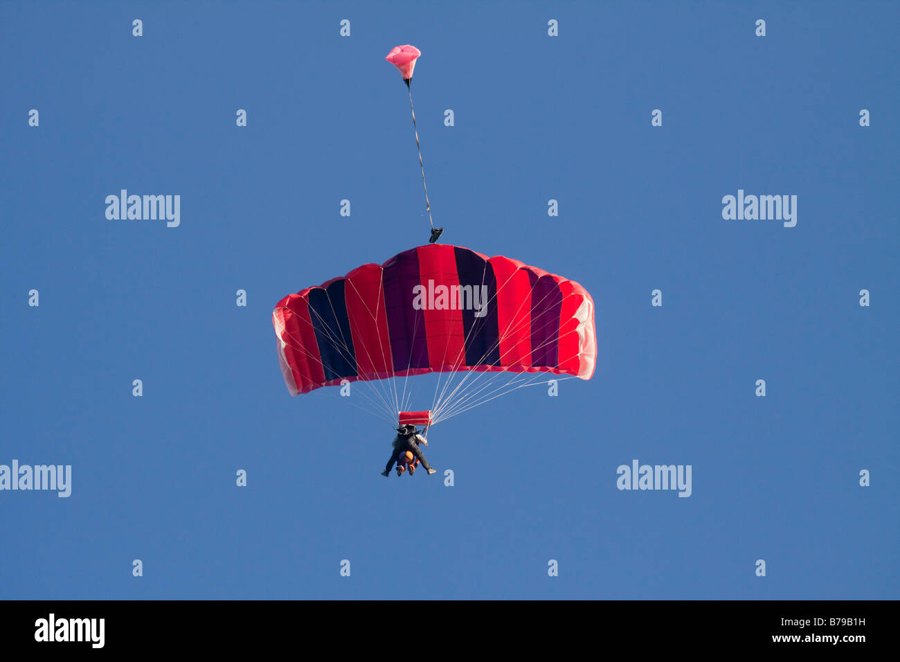 Parachutisme EN TANDEM EN ANGLETERRE Un parachute à rayures rouge transportant deux personnes GLISSE SUR LE CIEL BLEU Banque D'Images
