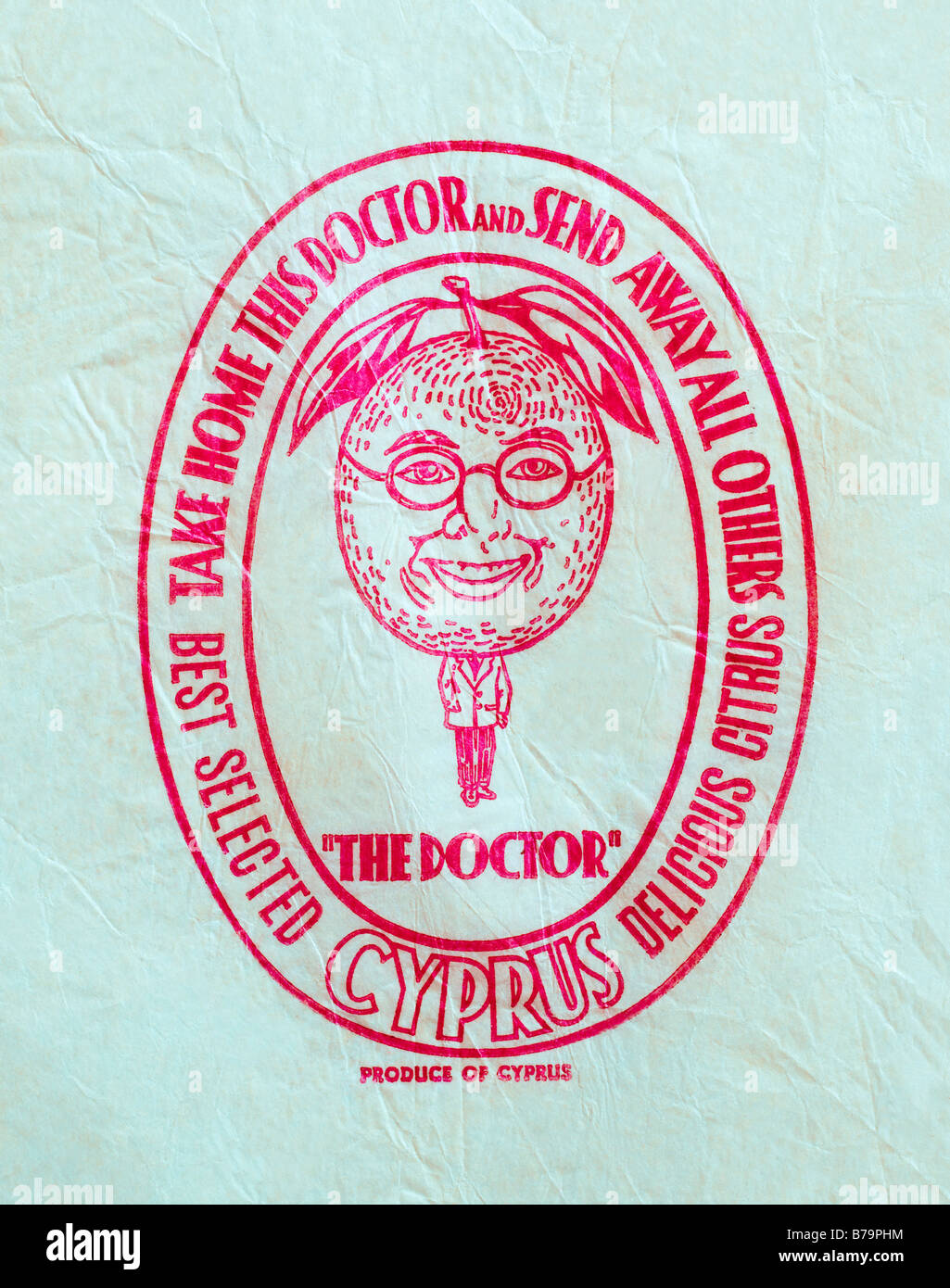 Imprimés éphémères / agrumes wrapper à partir de Chypre - Le médecin illustration sur papier de soie. Banque D'Images
