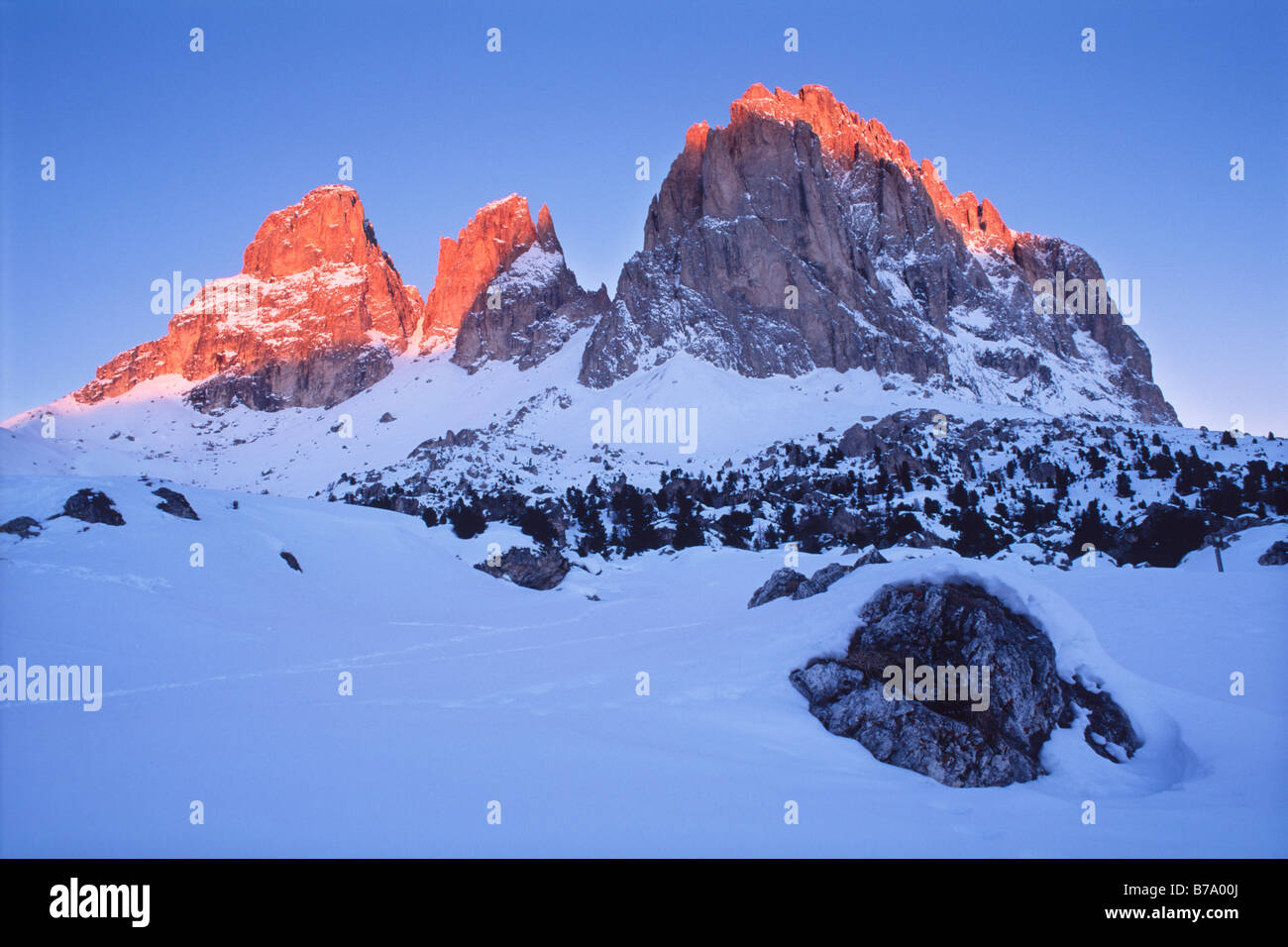 Lever du soleil sur le mont Langkofel, province de Bolzano-Bozen, Italie, Europe Banque D'Images