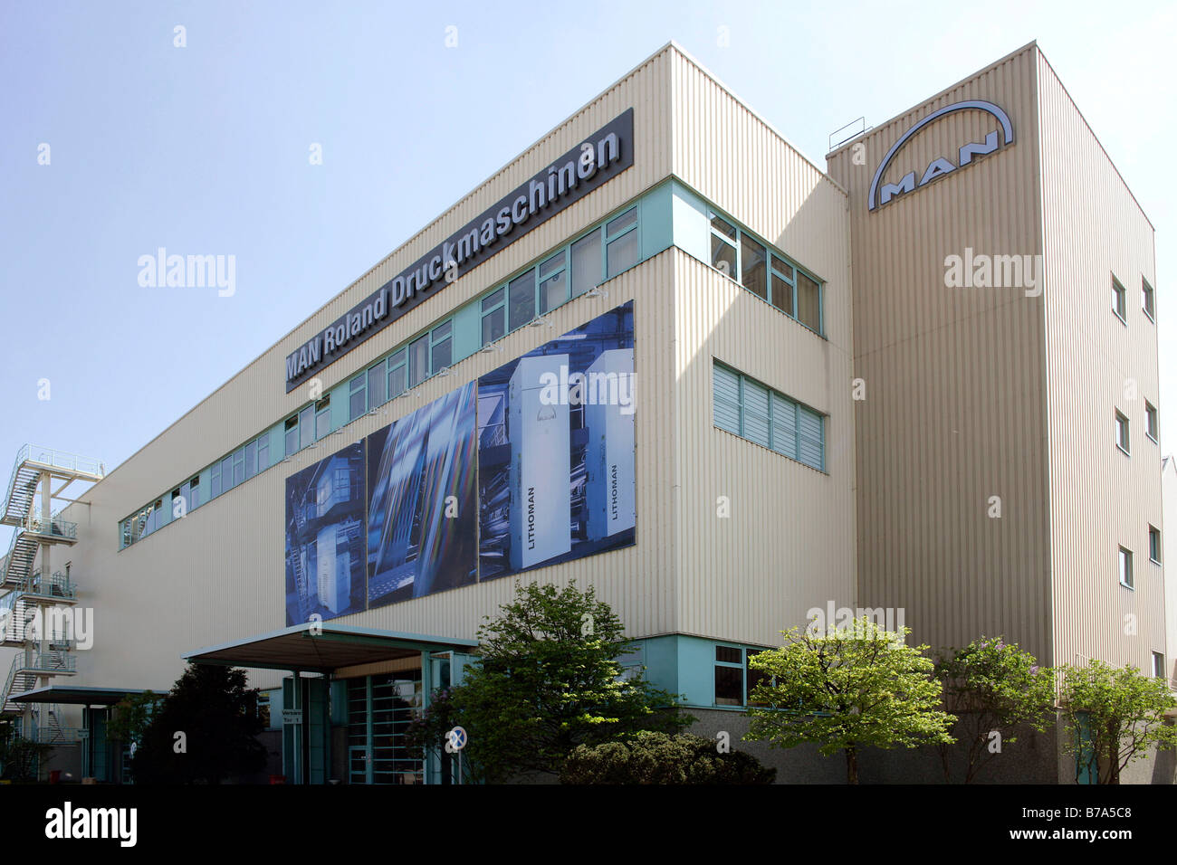 Hall de production, la fabrication, la production de machines à imprimer MAN Roland Corporation, Augsburg, Bavaria, Germany, Europe Banque D'Images