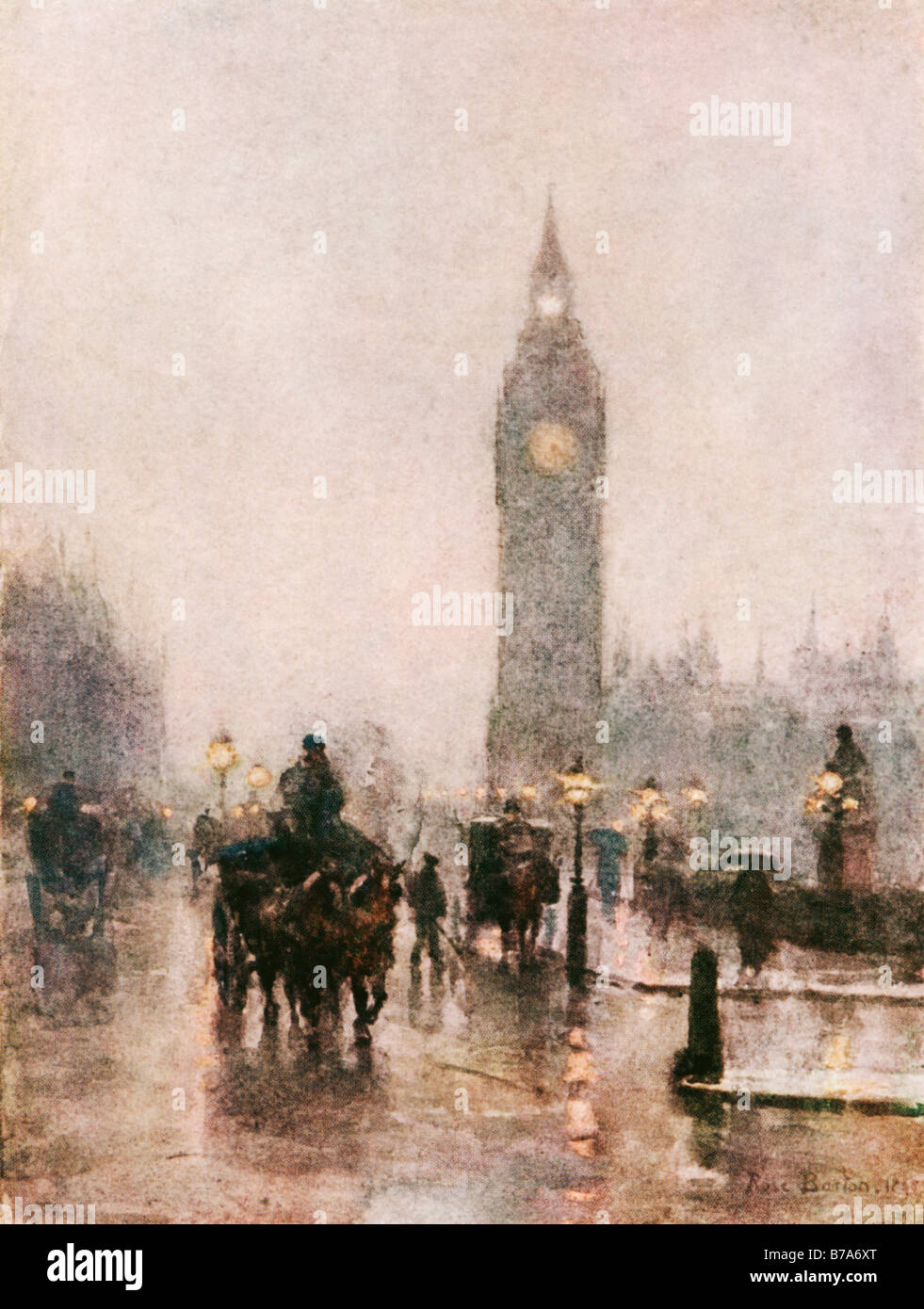 Westminster 1898 Peinture de Rose Barton d'un jour de pluie dans la région de Parliament Square Big Ben menace hors de l'ombre Banque D'Images