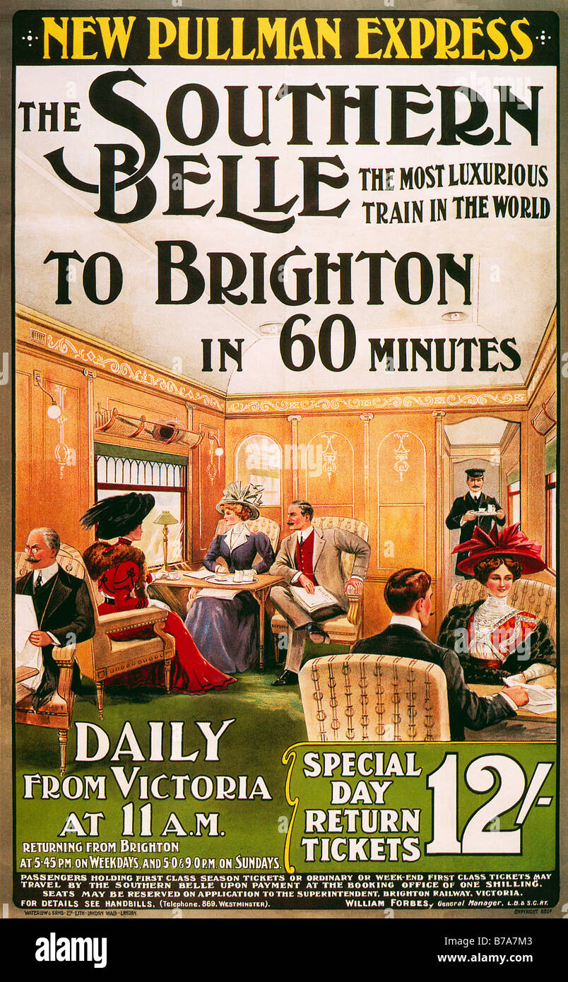 Southern Belle à Brighton 1909 affiche pour le nouveau Pullman Express service quotidien de Brighton à la mer en bateau Banque D'Images