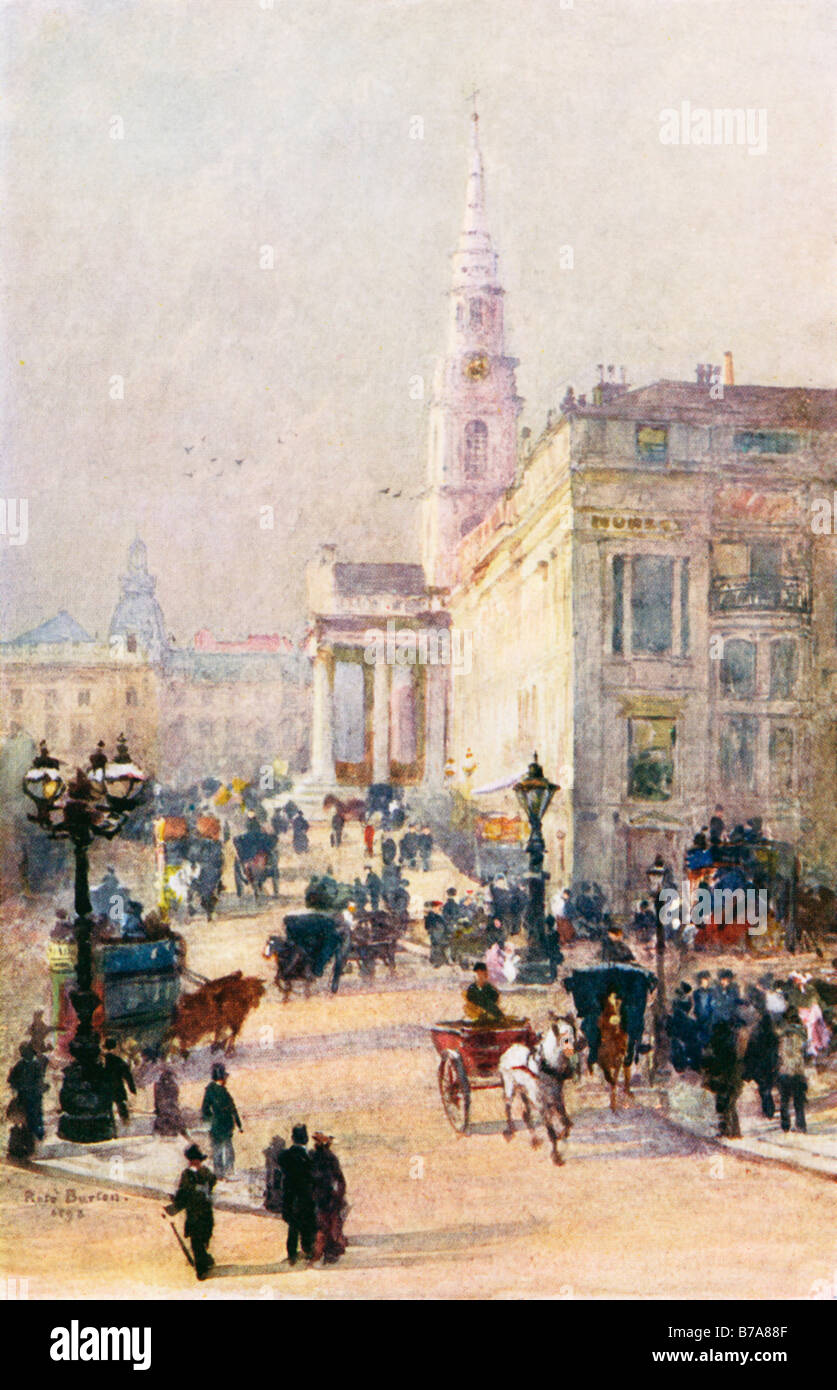 St Martins dans les domaines Trafalgar Square 1898 Peinture de Rose Barton de la scène de rue animée dans le centre de Londres Banque D'Images