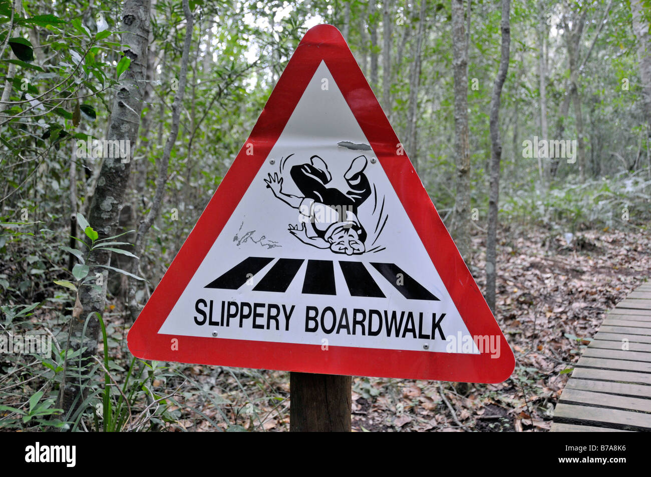 Le signe de danger, glissante boardwalk, Afrique du Sud Banque D'Images