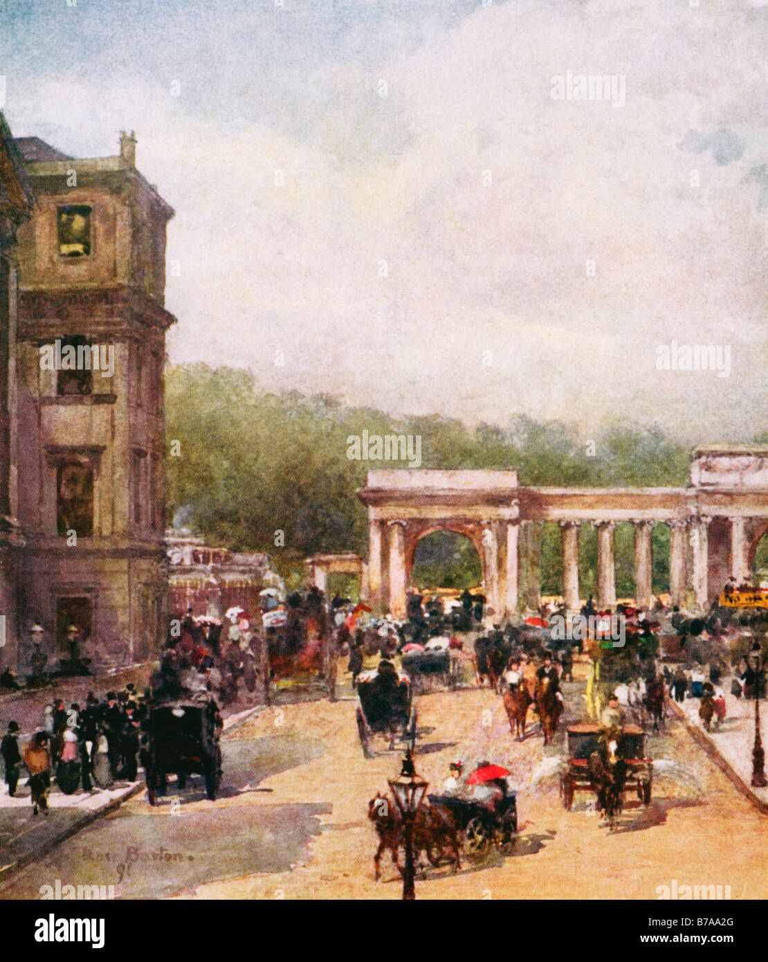 La traversée de Hyde Park Corner 1898 Peinture de Rose Barton d'une scène de rue animée dans le quartier branché de Londres Banque D'Images