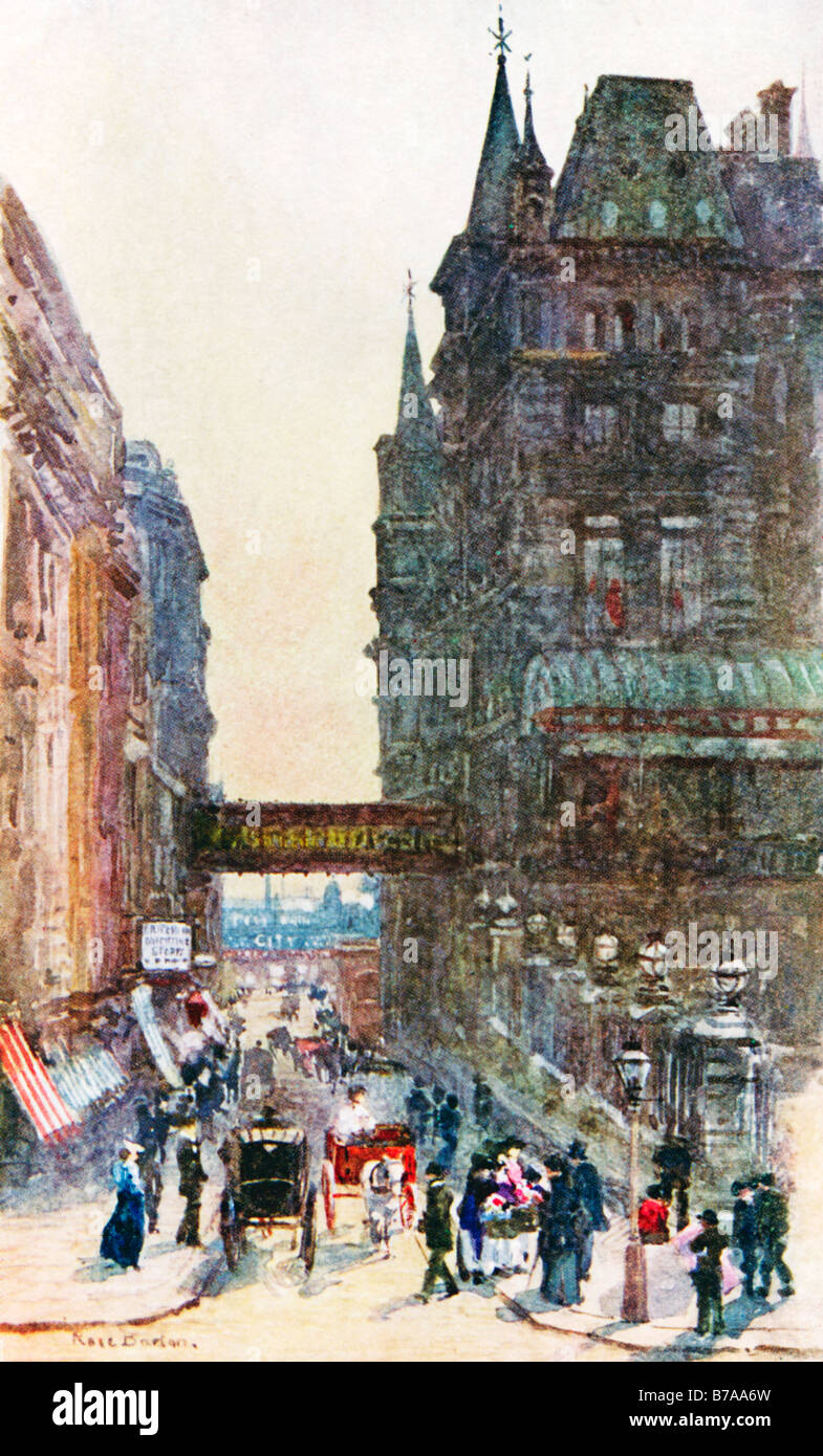 Villiers Street Charing Cross 1902 Peinture de Rose Barton de la route par le côté de la gare et l'hôtel de Londres Banque D'Images