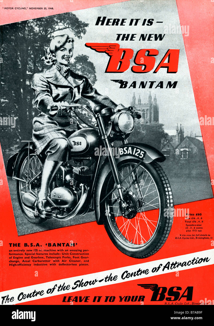 BSA Bantam 1948 annonce pour le 125cc Moto britannique faite à Birmingham Banque D'Images