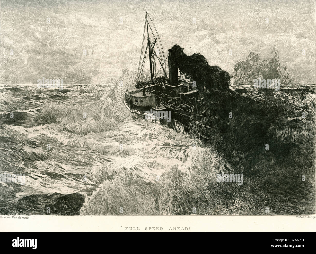À PLEINE VAPEUR steam boat ship liner voile Océan mer vague tug storm pont cheminée fumée blanche Banque D'Images